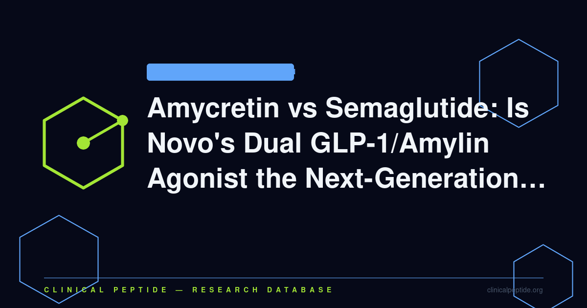 Abstract hexagonal molecule motif representing the comparison between amycretin dual GLP-1/amylin agonism and semaglutide GLP-1 agonist research.