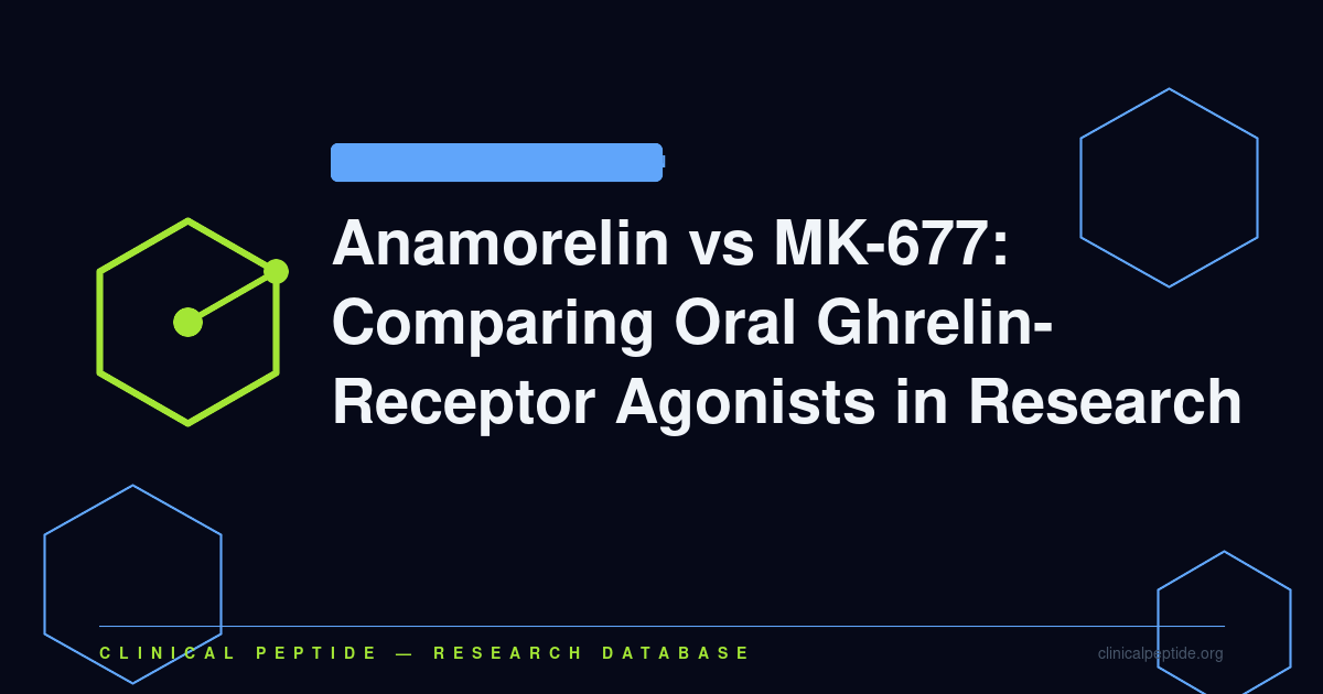 Abstract hexagonal molecule motif representing ghrelin receptor agonist research comparing anamorelin and MK-677.
