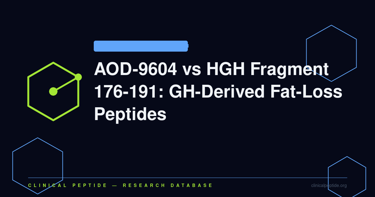 Abstract molecular diagram comparing two growth hormone-derived peptide fragments, AOD-9604 and HGH Fragment 176-191, studied for lipolytic activity.