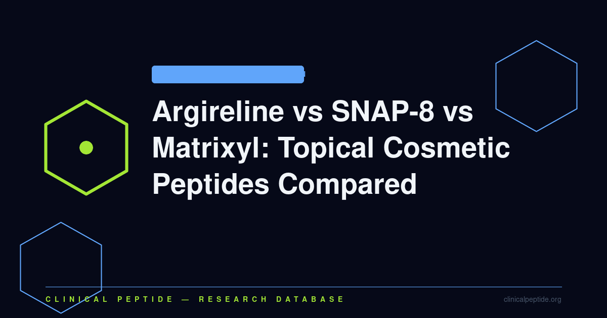 Abstract molecular diagram comparing Argireline, SNAP-8, and Matrixyl topical cosmetic peptide mechanisms in skin aging research.