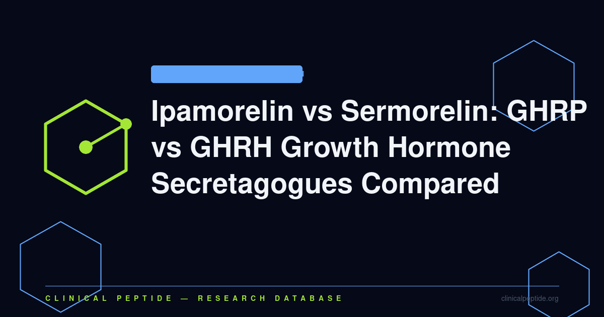 Abstract hexagonal molecule motif representing ghrelin receptor and GHRH receptor signaling pathways compared in growth hormone secretagogue research.