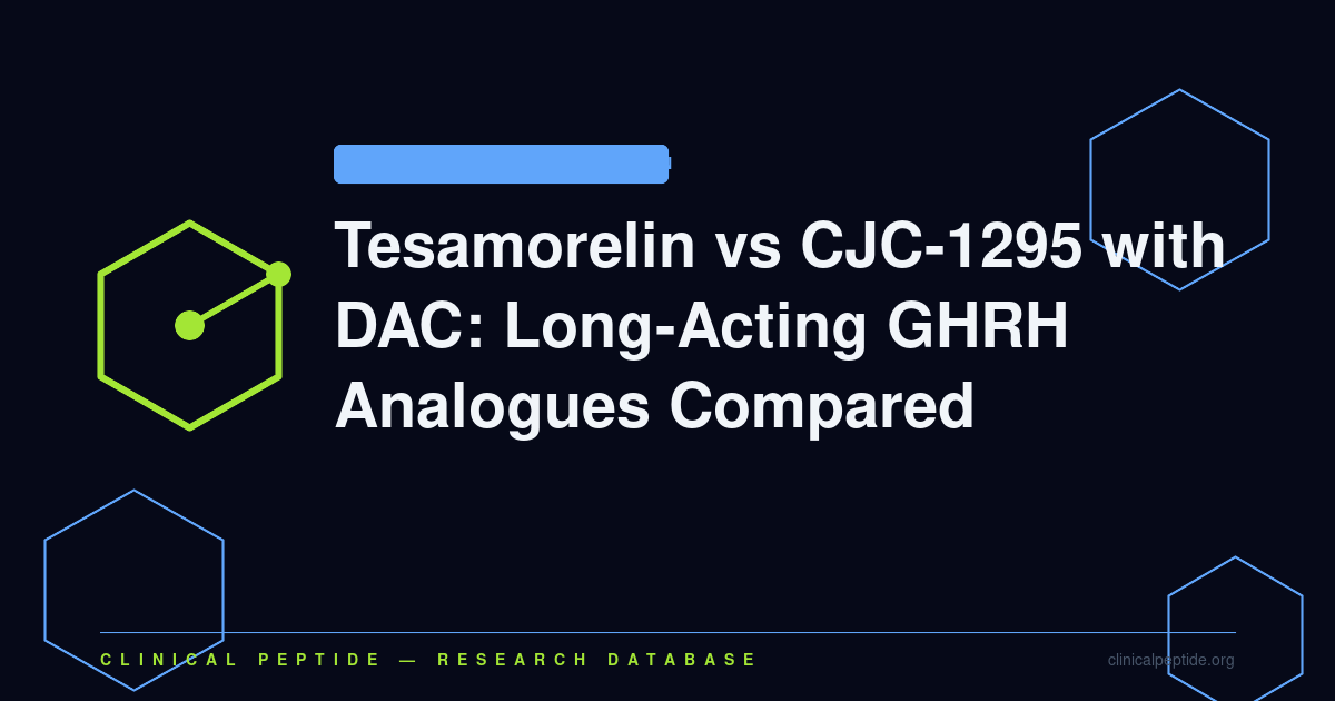 Abstract hexagonal molecule motif representing two long-acting GHRH research peptides, tesamorelin and CJC-1295 with DAC.